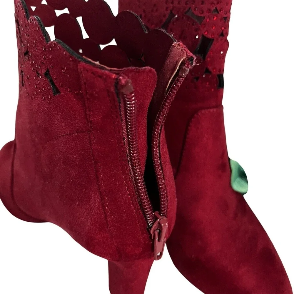 Women's Burgundy Suede Ankle Boots Size 5.5 Cutout Scallop Heel Booties